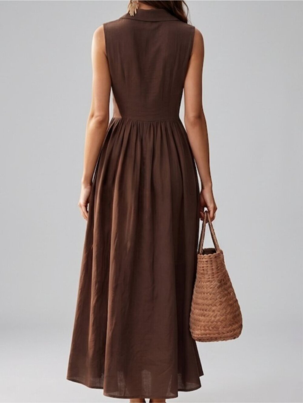 Rich Espresso Brown Button-Down A-Line Maxi Dress | Sleeveless Notch Collar - Picture 5 of 9